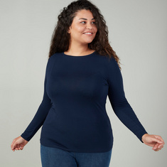 Plus Size Plain T-shirt with Round Neck and Long Sleeves