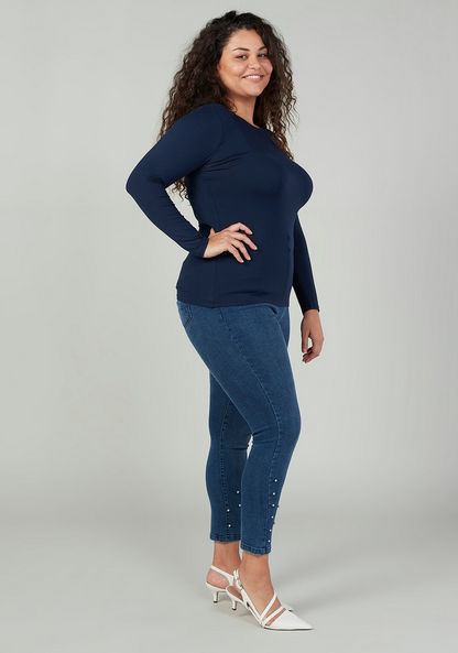 Plus Size Plain T-shirt with Round Neck and Long Sleeves-T Shirts-image-1