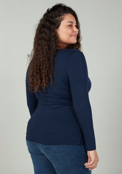 Plus Size Plain T-shirt with Round Neck and Long Sleeves-T Shirts-image-2