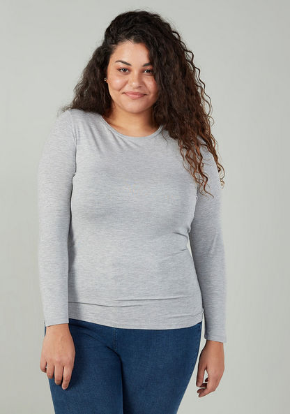 Plus Size Plain T-shirt with Round Neck and Long Sleeves-Tops-image-0