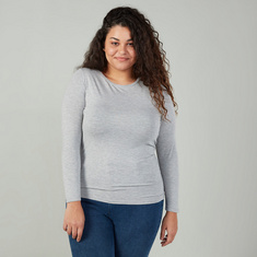 Plus Size Plain T-shirt with Round Neck and Long Sleeves