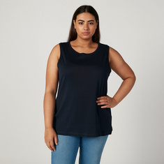 Plus Size Plain Sleeveless T-shirt with Round Neck