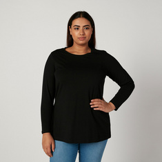 Plus Size Plain Top with Round Neck and Long Sleeves
