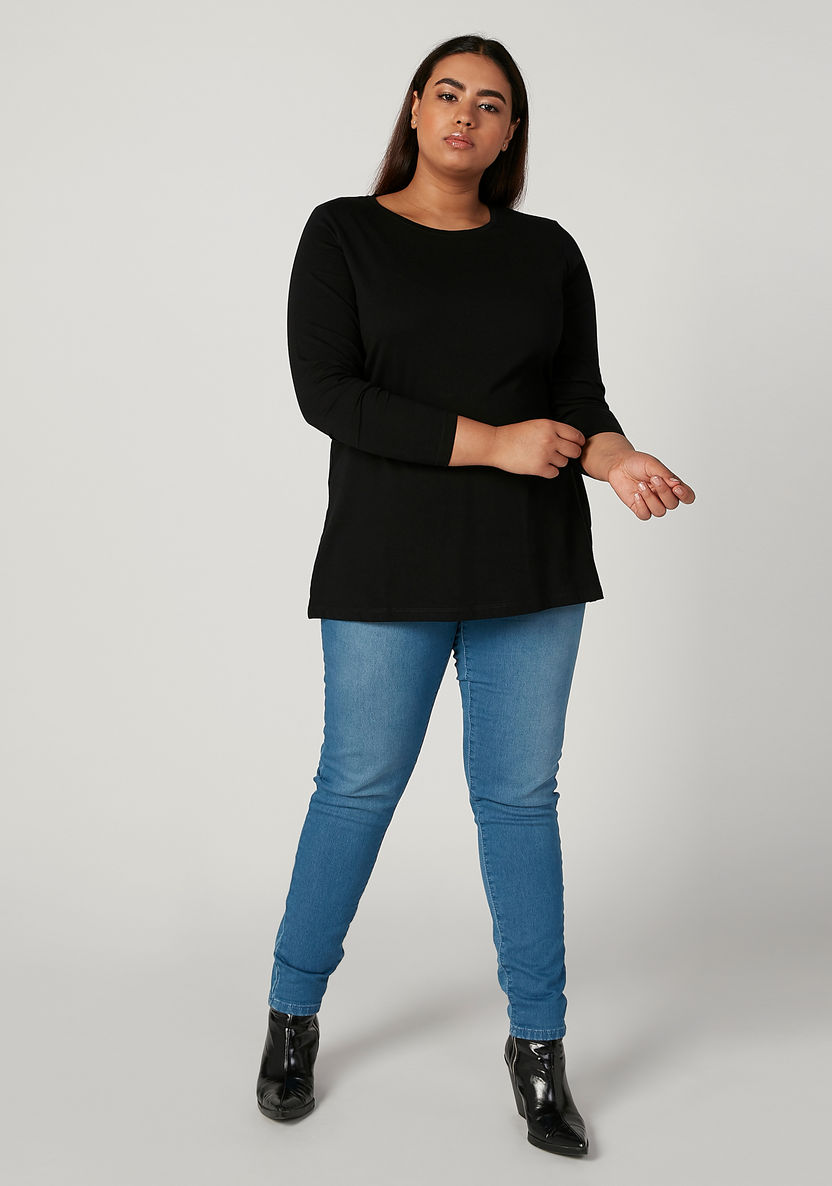 Plus Size Plain Top with Round Neck and Long Sleeves-T Shirts-image-2