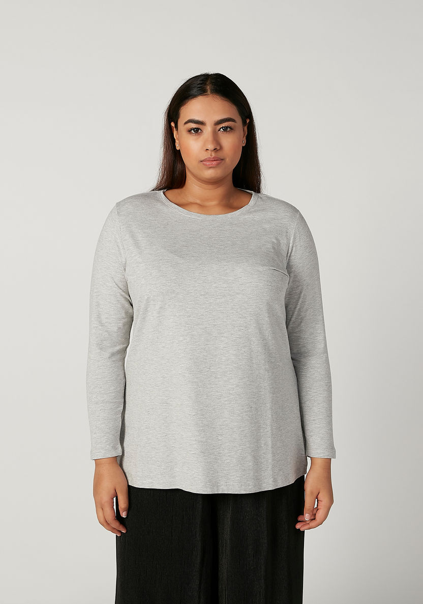 Plus Size Plain Top with Round Neck and Long Sleeves-Tops-image-0
