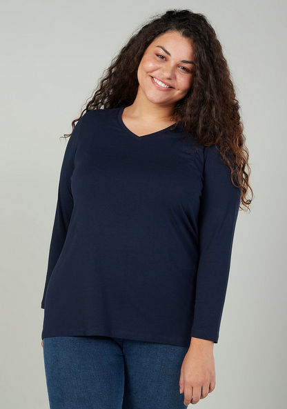 Plus Size Plain Top with V-neck and Long Sleeves-Tops-image-0