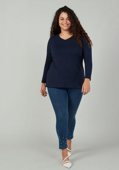 Plus Size Plain Top with V-neck and Long Sleeves-Tops-image-1