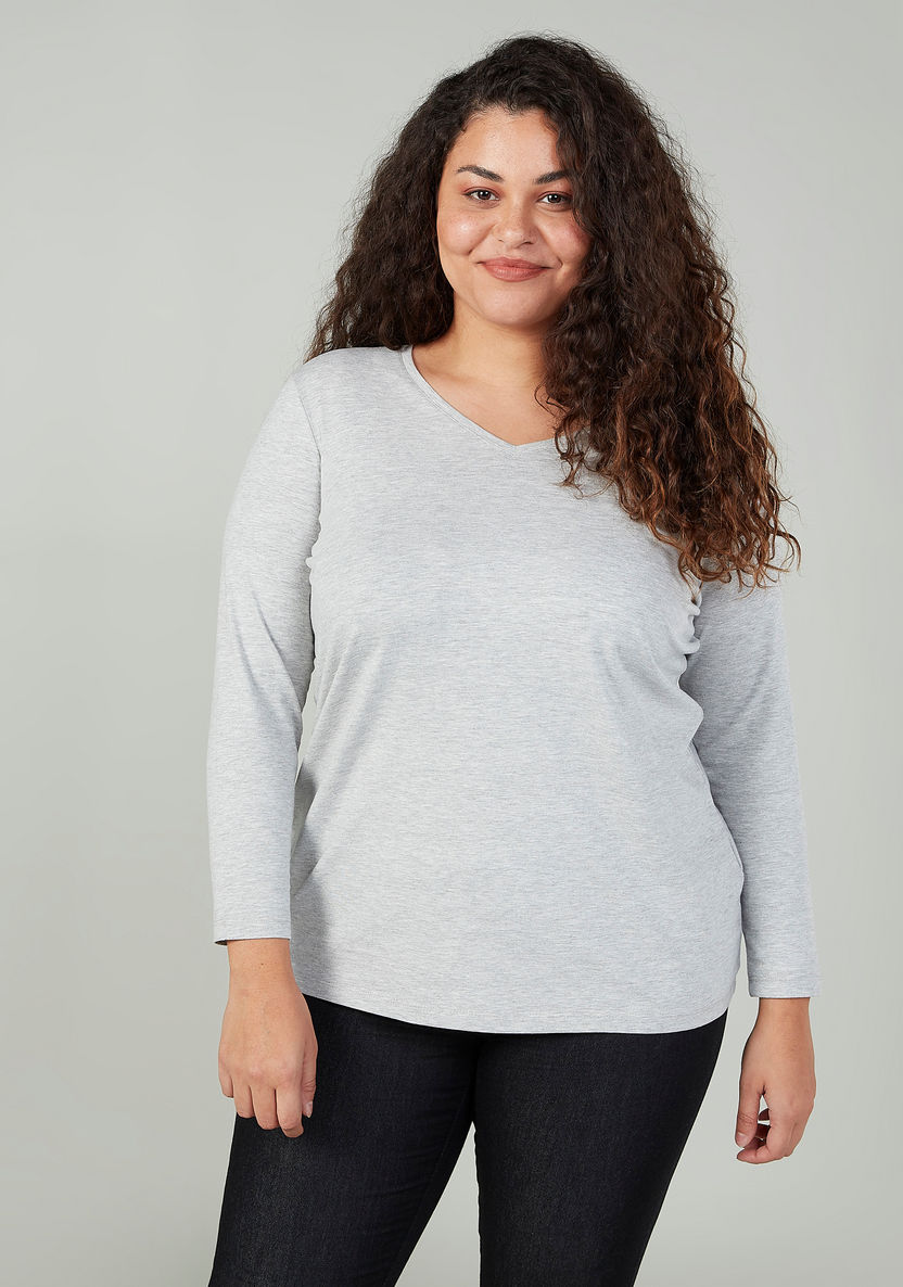 Plus Size Plain T-shirt with V-neck and Long Sleeves-T Shirts-image-0