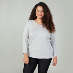 Plus Size Plain T-shirt with V-neck and Long Sleeves
