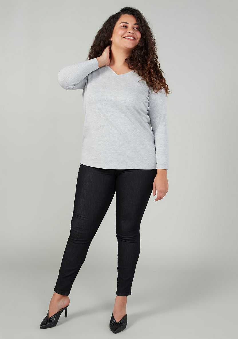 Plus Size Plain T-shirt with V-neck and Long Sleeves-T Shirts-image-1
