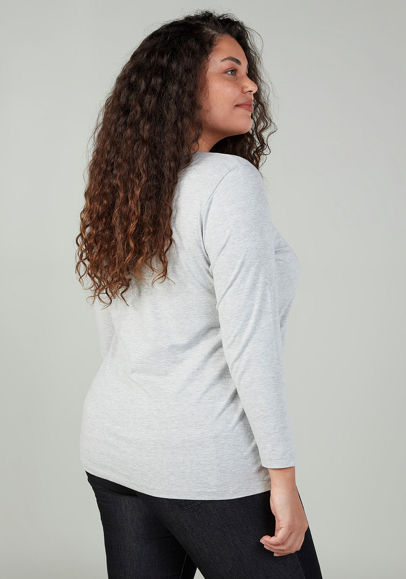 Plus Size Plain T-shirt with V-neck and Long Sleeves-Tops-image-2