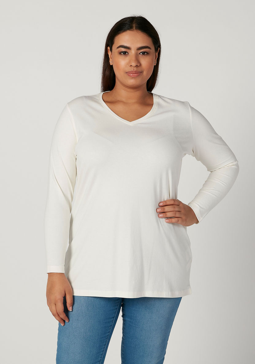 Plus Size Plain T-shirt with V-neck and Long Sleeves-Tops-image-0