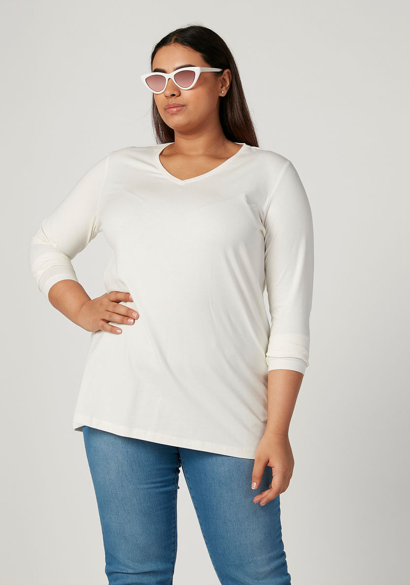 Plus Size Plain T-shirt with V-neck and Long Sleeves-Tops-image-2