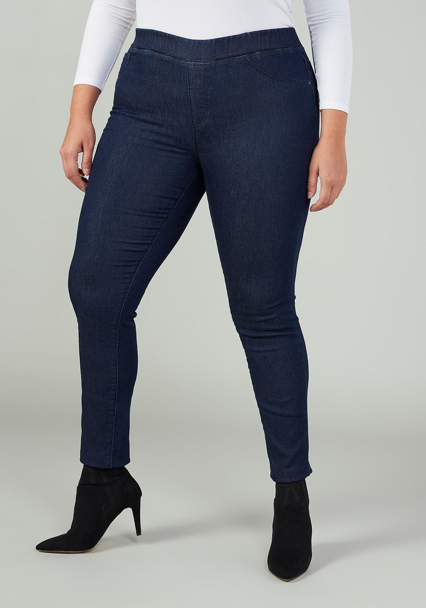 Plus Size Plain Jeggings with Elasticised Waistband and Pocket Detail-Leggings and Jeggings-image-0