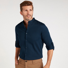 Solid Formal Shirt with Mandarin Neck and Long Sleeves