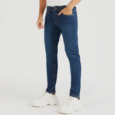 Solid Slim Fit Jeans with Pockets and Button Closure