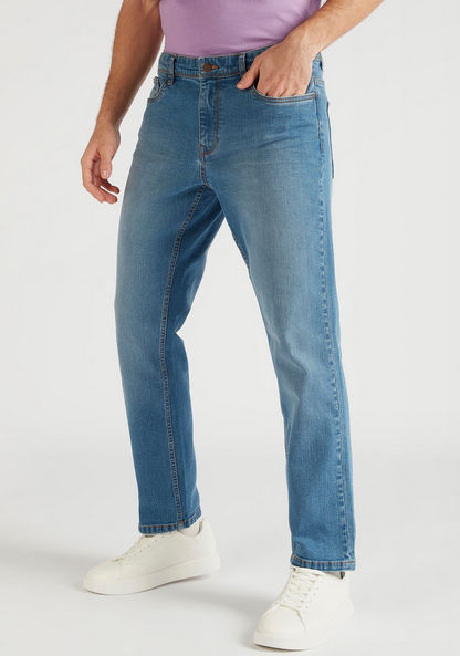 Solid Straight Fit Denim Jeans with Pockets and Button Closure-Jeans-image-0