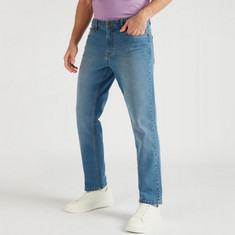 Solid Straight Fit Denim Jeans with Pockets and Button Closure