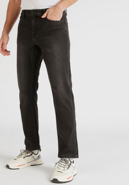 Solid Mid-Rise Jeans with Pockets and Button Closure-Jeans-image-0