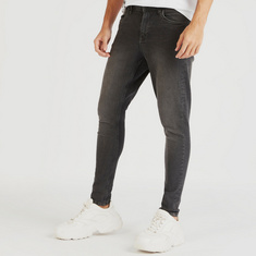 Solid Denim Jeans with Pockets and Button Closure