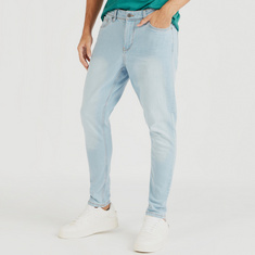 Solid Denim Jeans with Pockets and Button Closure