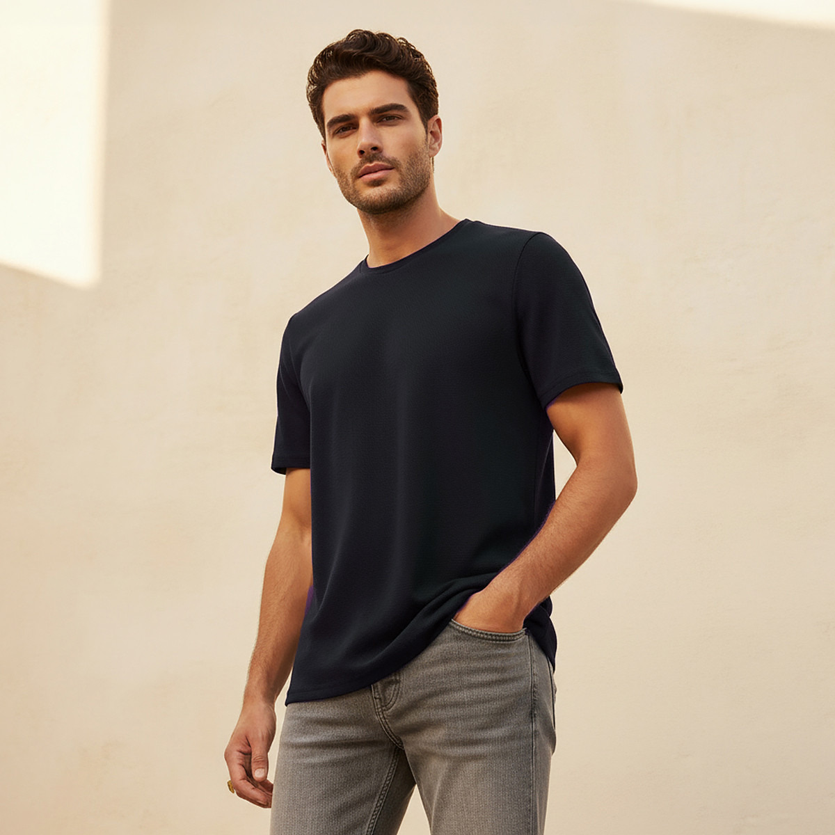 Iconic Slim Fit Textured Crew Neck T-shirt with Short Sleeves-men-clothing-tshirtsandpolos-tshirts-image-1