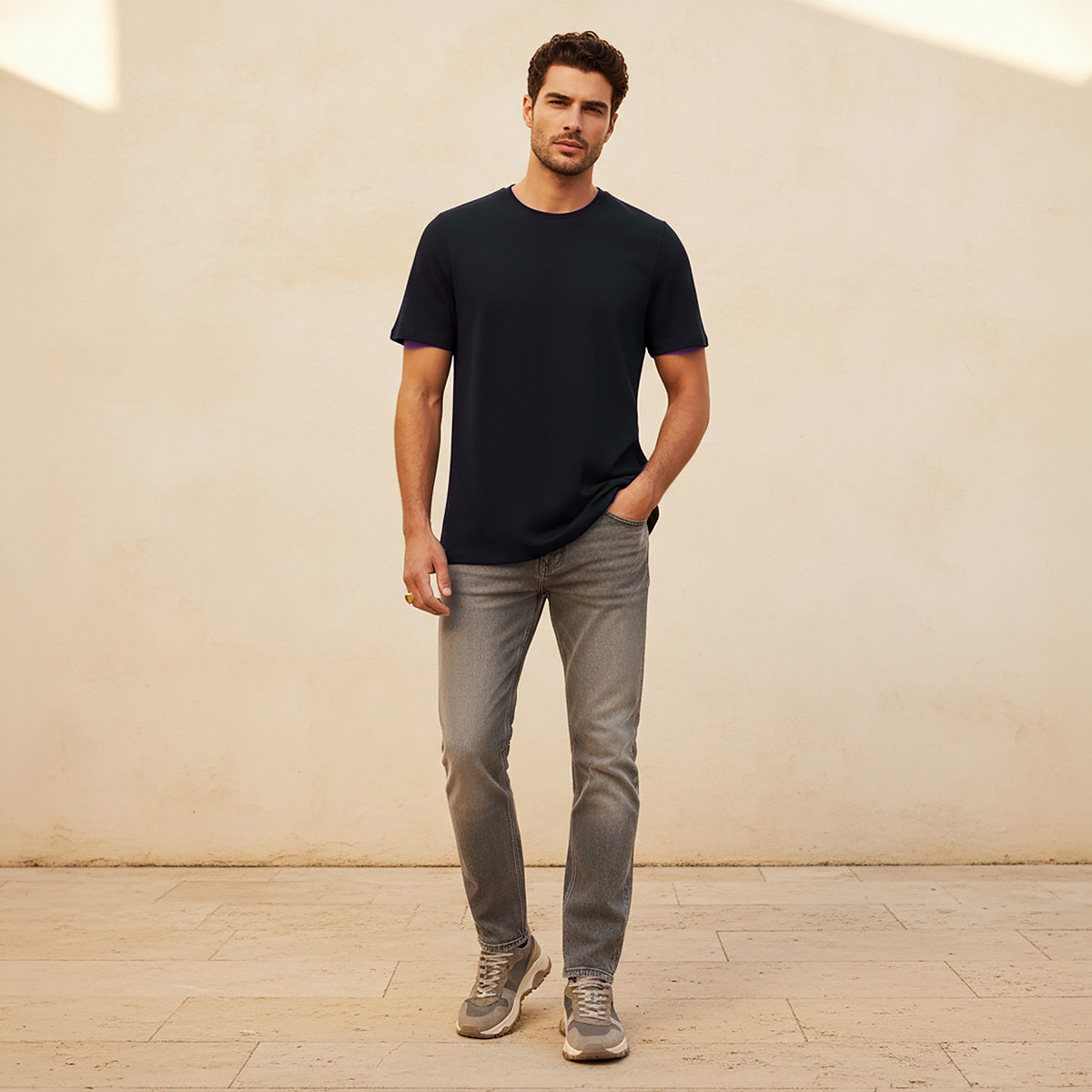 Iconic Slim Fit Textured Crew Neck T-shirt with Short Sleeves-men-clothing-tshirtsandpolos-tshirts-image-3