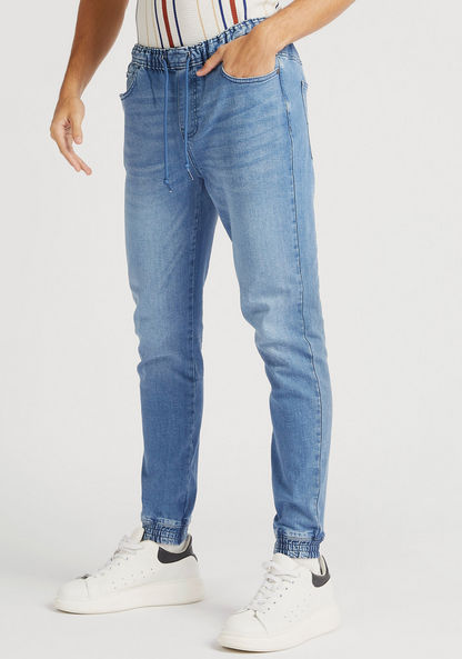 Solid Denim Joggers with Pockets and Drawstring Closure
