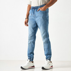 Solid Denim Joggers with Pockets and Drawstring Closure