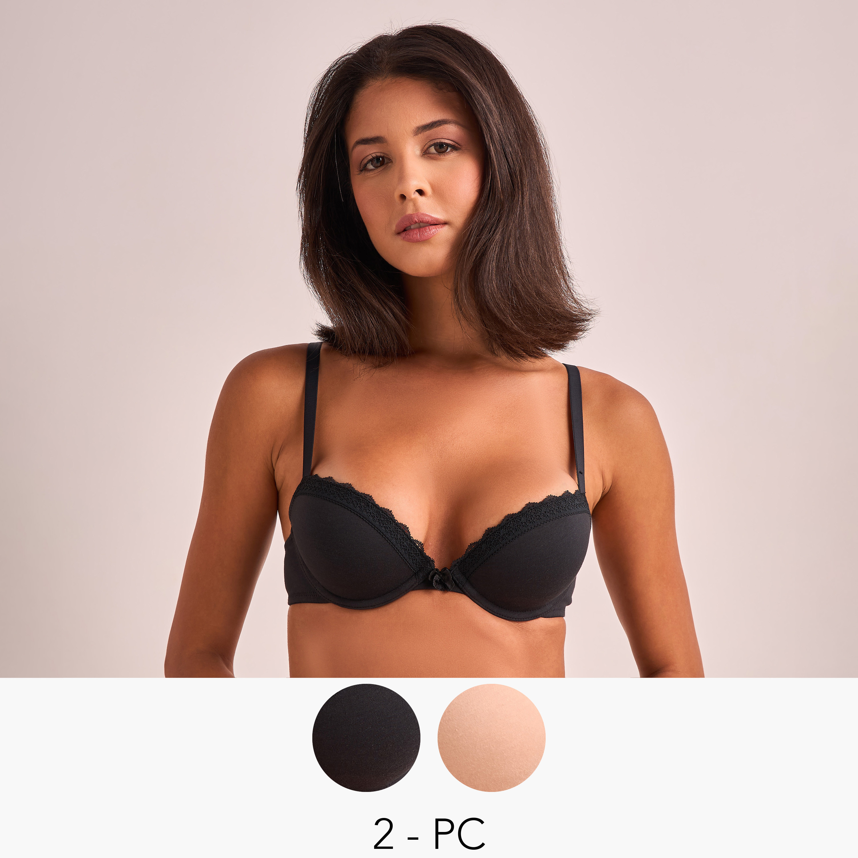 Set of 2 - Padded Plunge Bra with Hook and Eye Closure and Antibacterial Protection-women-clothing-lingerie-bras-image-8