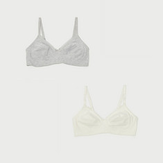 Set of 2 - Solid Bra with Lace Detail and Hook and Eye Closure