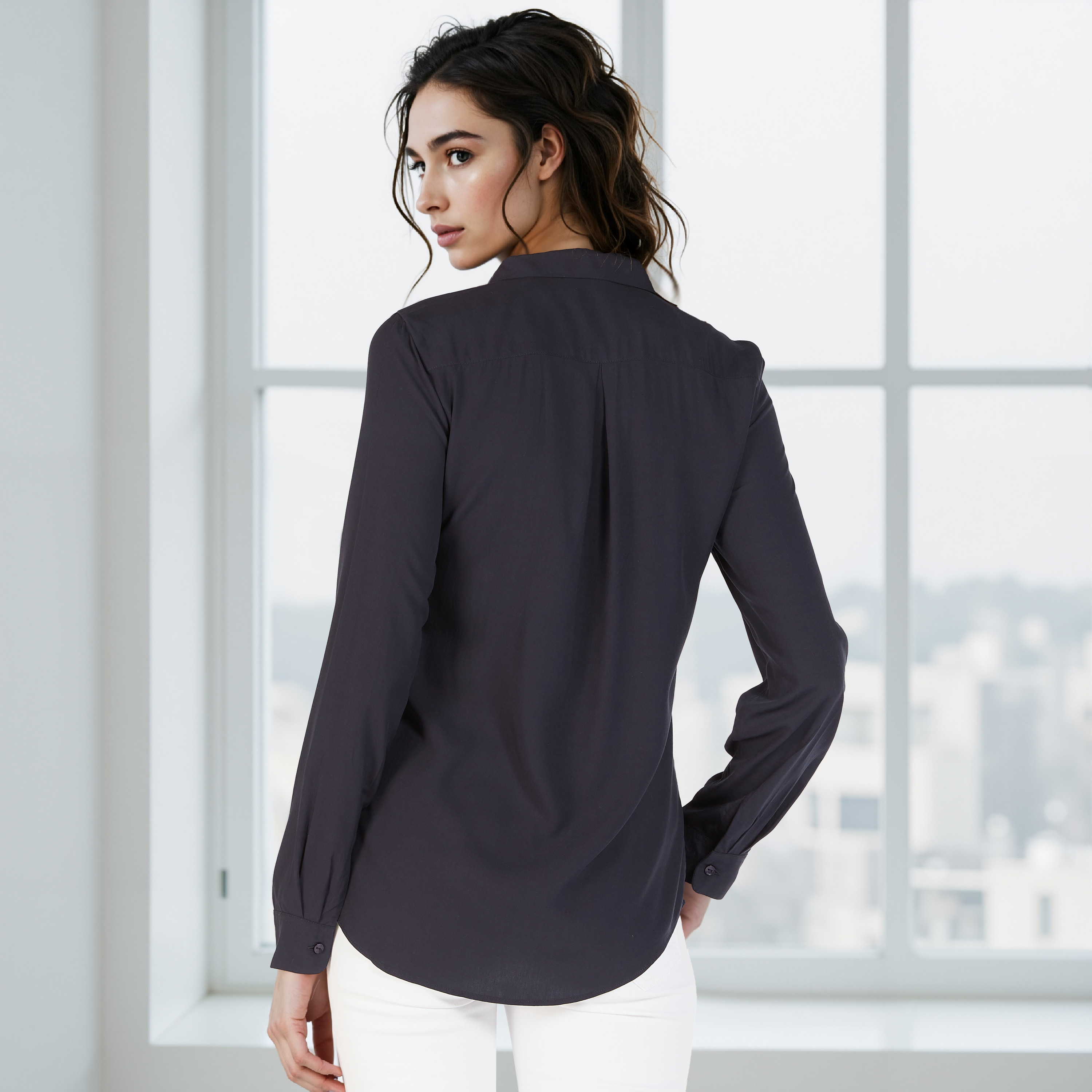 Slim Fit Collared Shirt with Long Sleeves-women-clothing-shirtsandblouses-shirts-image-4