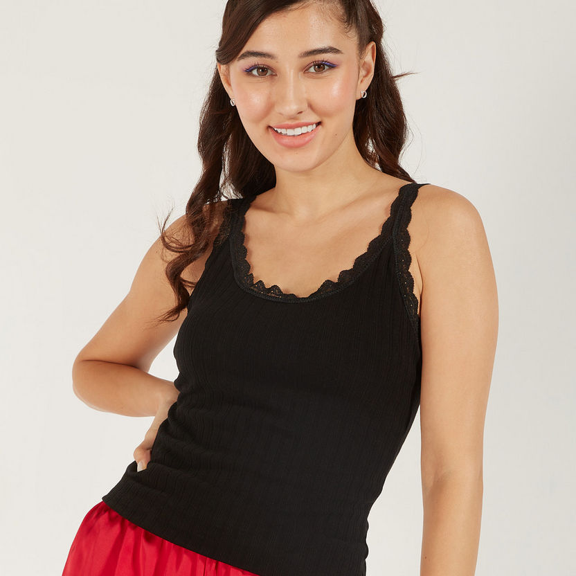Textured Sleeveless Camisole with Scoop Neck and Lace Detail-Camisoles-image-0