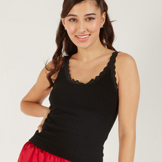 Textured Sleeveless Camisole with Scoop Neck and Lace Detail