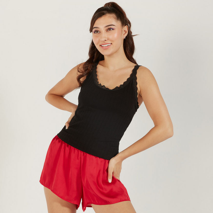 Textured Sleeveless Camisole with Scoop Neck and Lace Detail-Camisoles-image-2