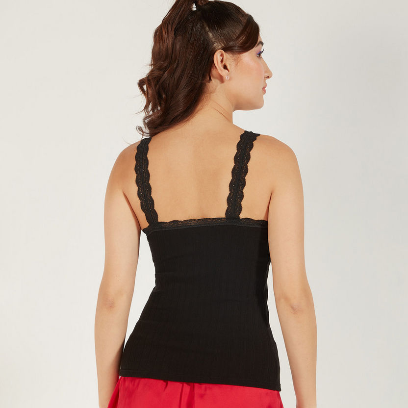 Textured Sleeveless Camisole with Scoop Neck and Lace Detail-Camisoles-image-3