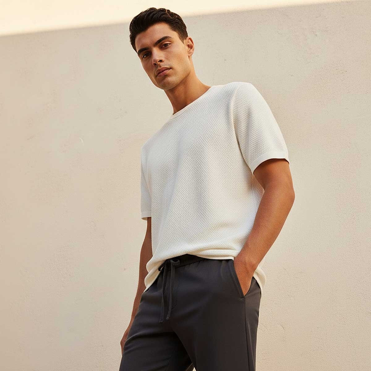 تيشيرت بارز الملمس بقصة عادية وياقة دائرية وأكمام قصيرة من أيكونيك-men-clothing-tshirtsandpolos-tshirts-image-1