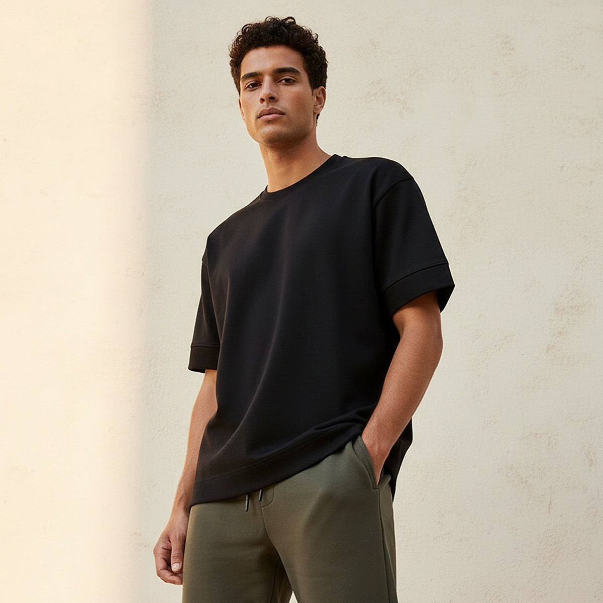 تيشيرت بقصّة عادية وياقة ضيقة وأكمام قصيرة للرجال-men-clothing-tshirtsandpolos-tshirts-image-1