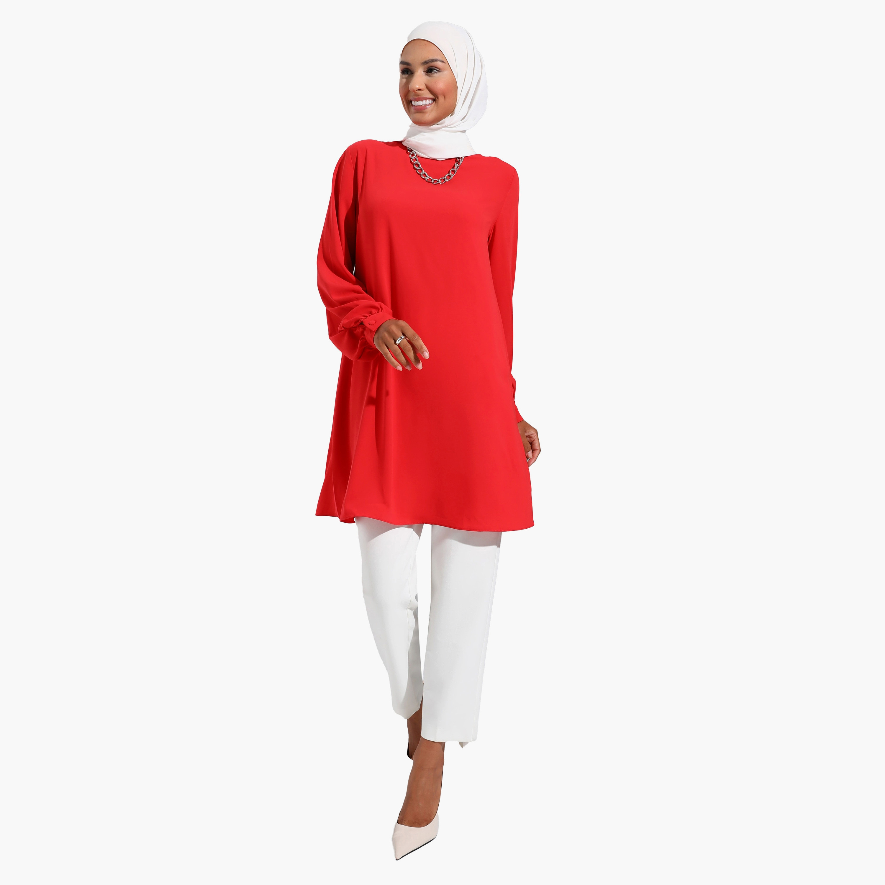 Modanisa Plain Crew Neck Long Sleeves Tunic with Back Zip Closure-women-clothing-shirtsandblouses-blouses-image-2