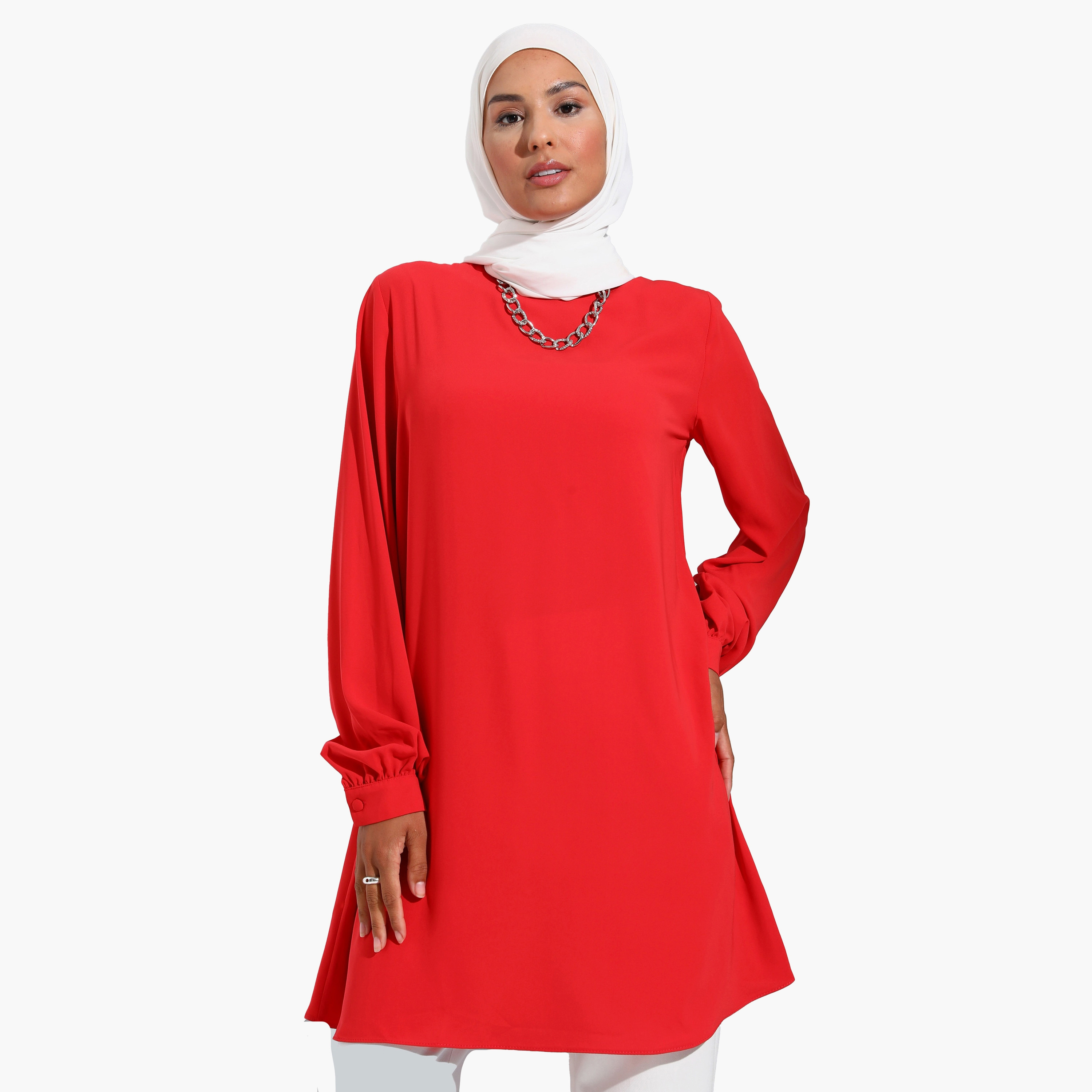 Modanisa Plain Crew Neck Long Sleeves Tunic with Back Zip Closure-women-clothing-shirtsandblouses-blouses-image-3