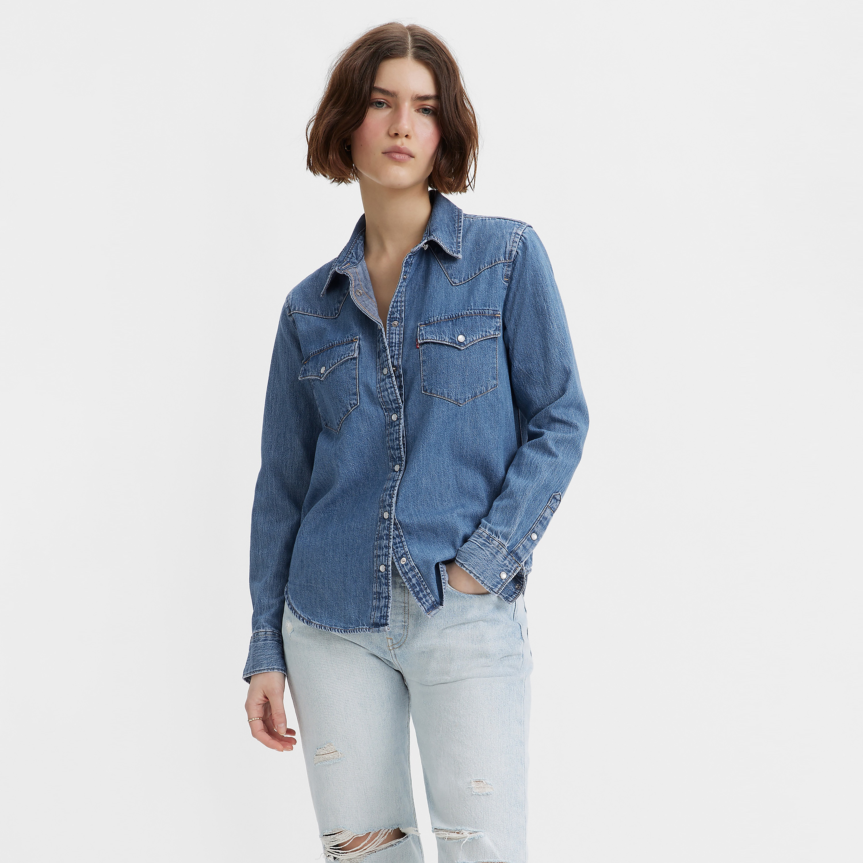 Levi's Plain Point Collar Long Sleeves Casual Denim Shirt-women-clothing-shirtsandblouses-blouses-image-1