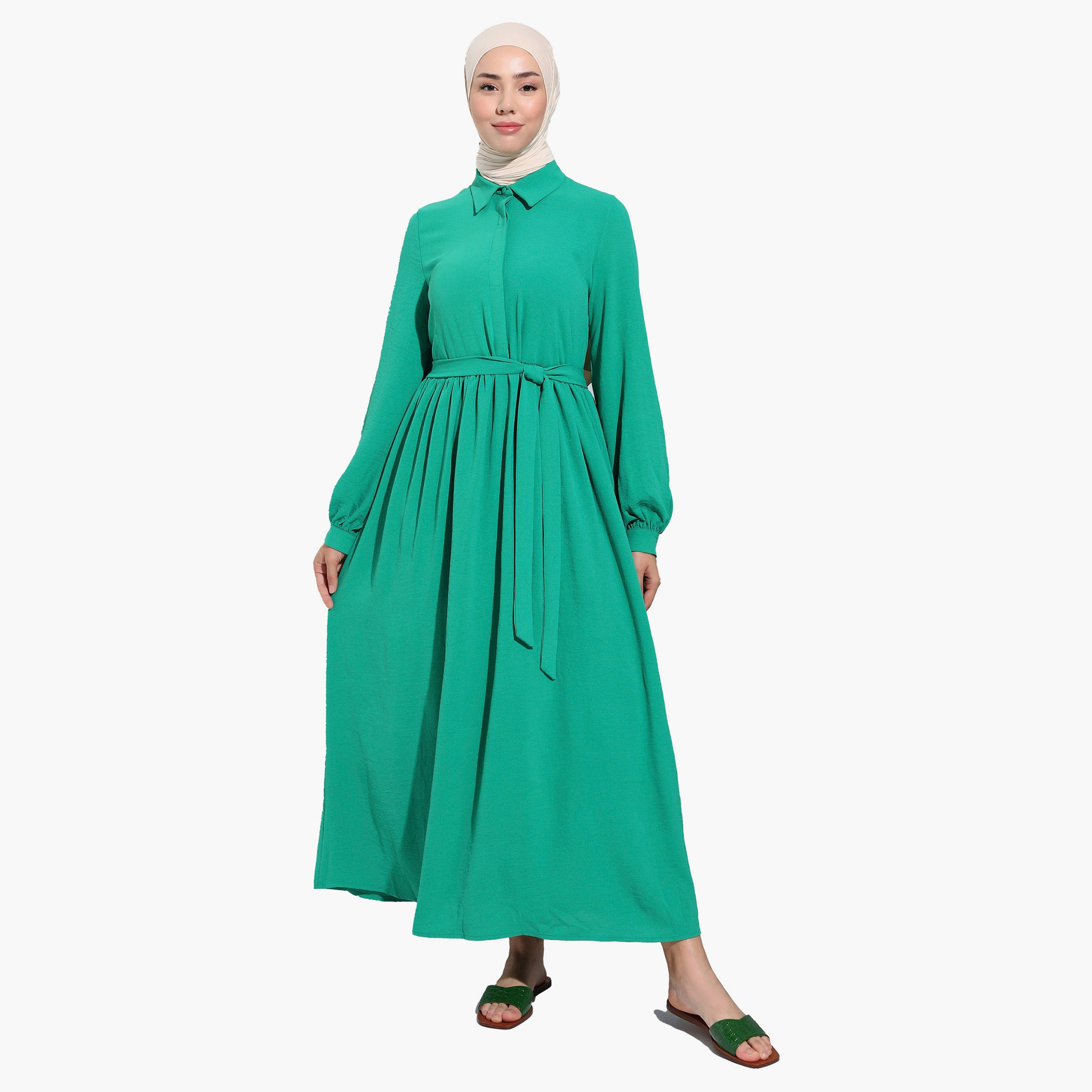 Buy Women s Modanisa Plain Shirt Collar Tie Belt Pleated Modest