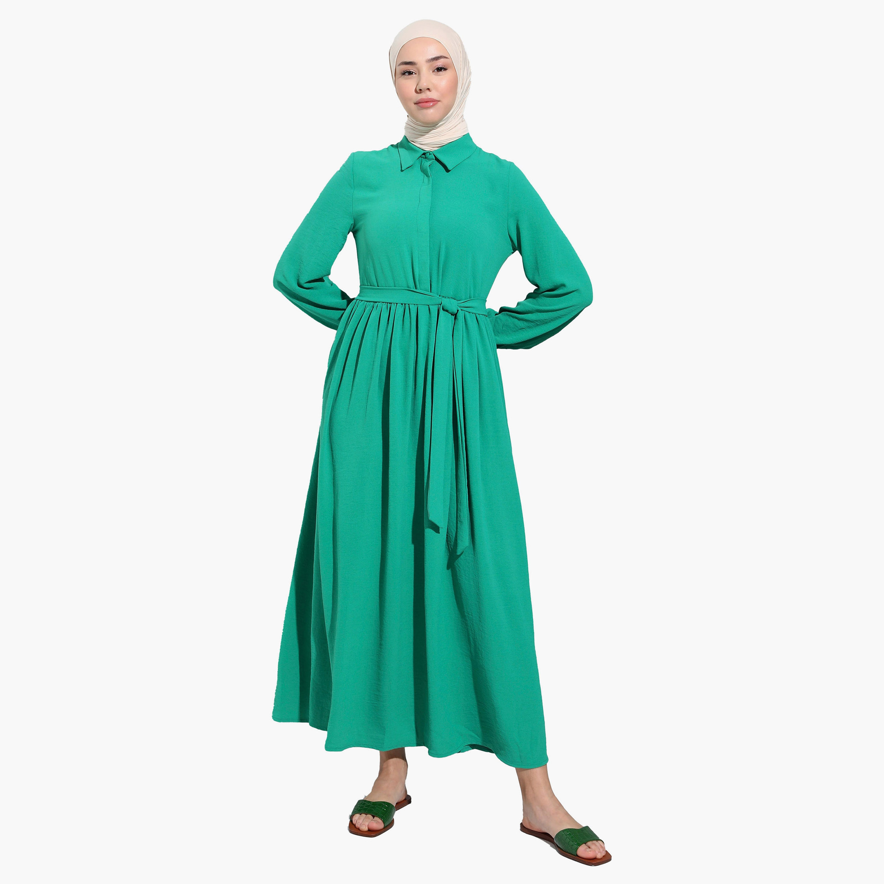 Modanisa Plain Shirt Collar Tie Belt Pleated Modest Dress-women-clothing-dresses-image-2