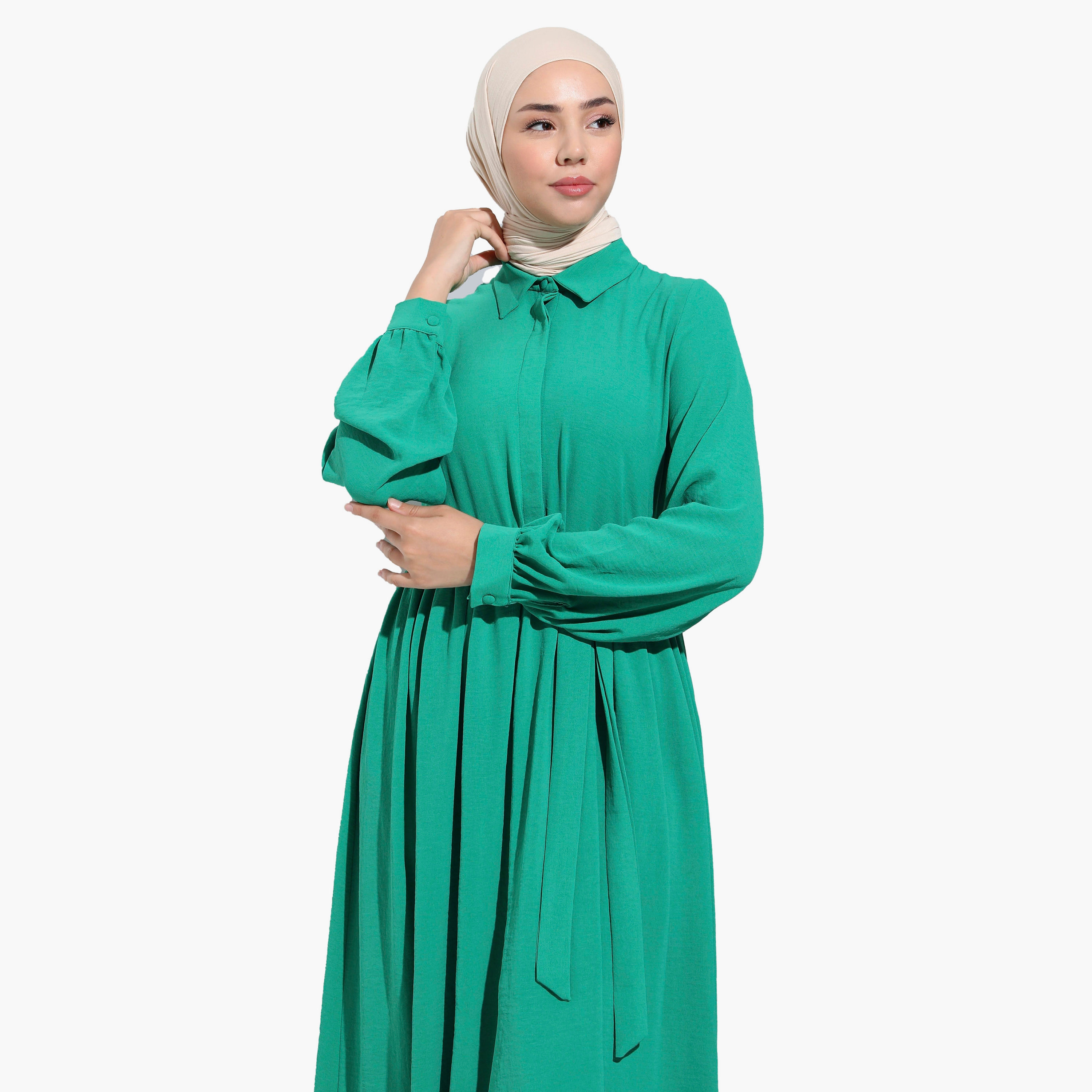 فستان متواضع مطوي عادية بياقة قميص وحزام ربطة من مودانيشا-women-clothing-dresses-image-3