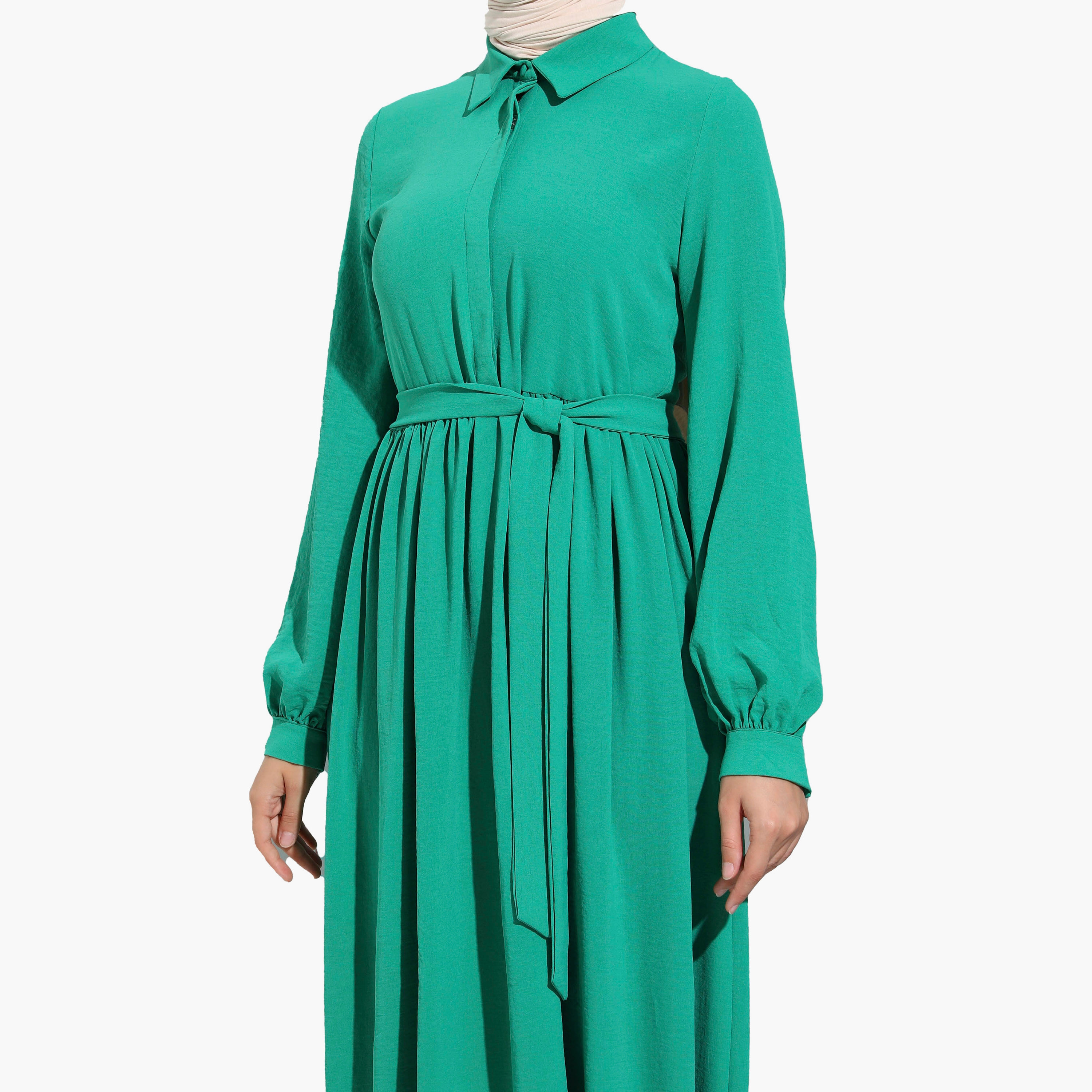 Modanisa Plain Shirt Collar Tie Belt Pleated Modest Dress-women-clothing-dresses-image-4