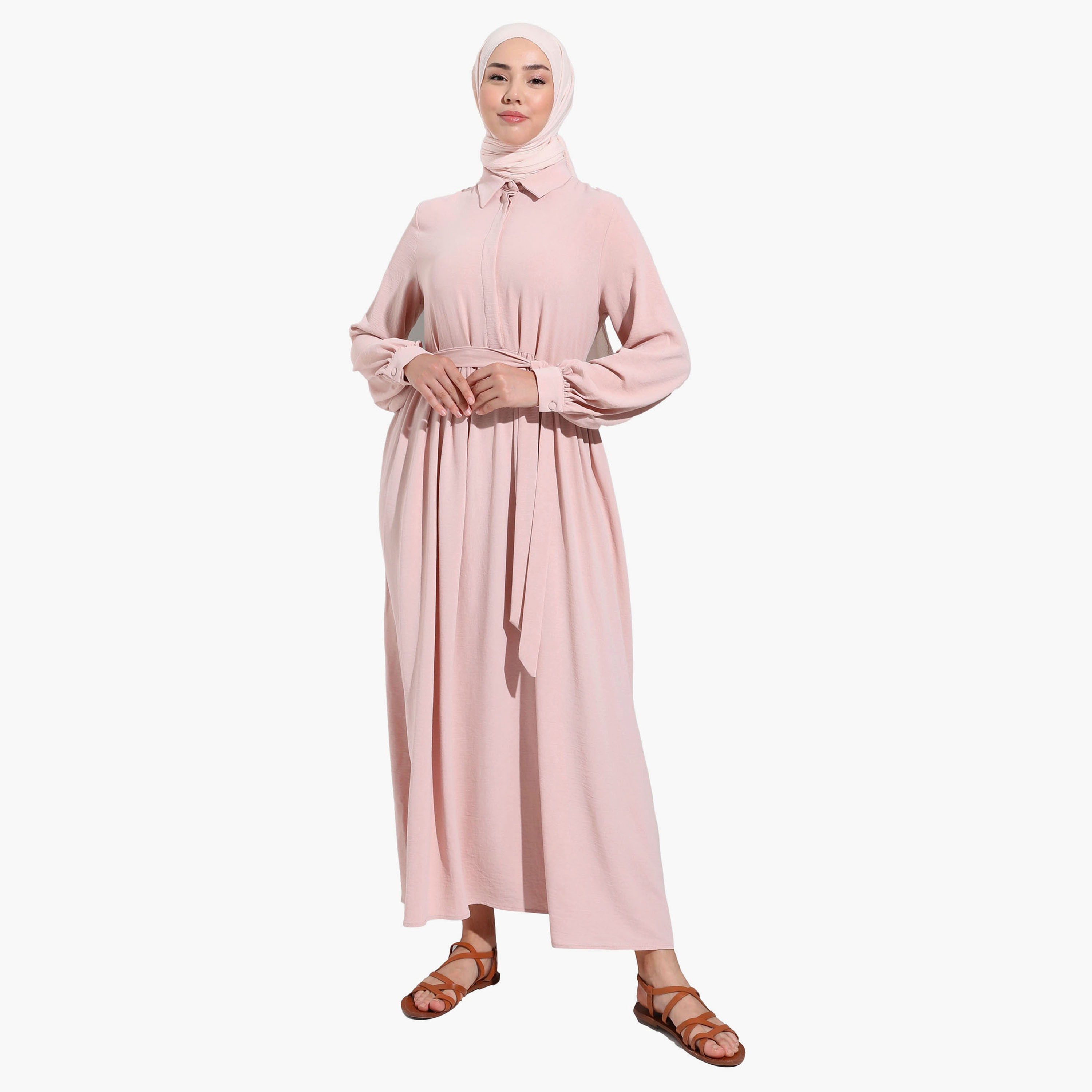 Modanisa Plain Shirt Collar Tie Belt Pleated Modest Dress-women-clothing-dresses-image-1