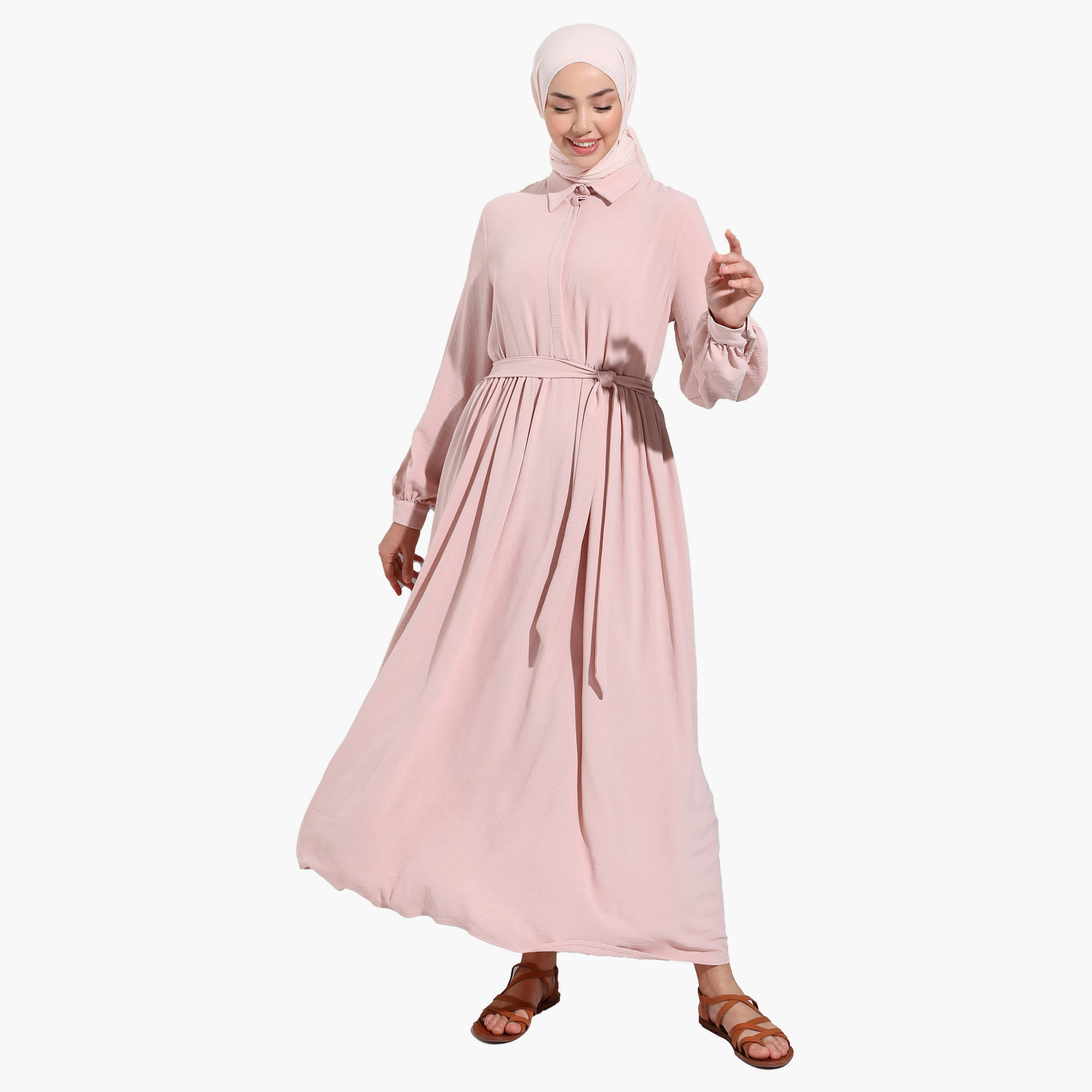 Modanisa Plain Shirt Collar Tie Belt Pleated Modest Dress-women-clothing-dresses-image-2