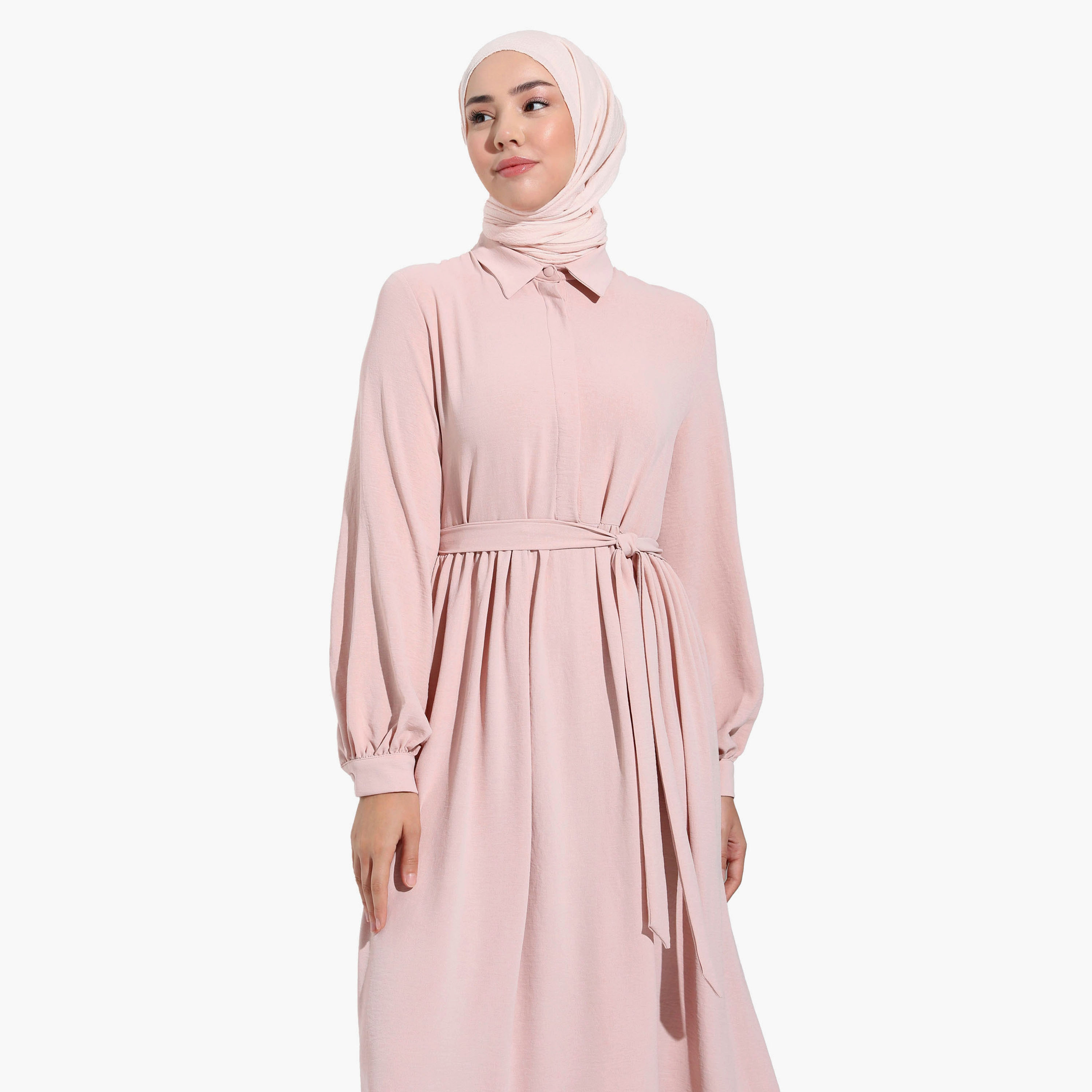 Modanisa Plain Shirt Collar Tie Belt Pleated Modest Dress-women-clothing-dresses-image-3