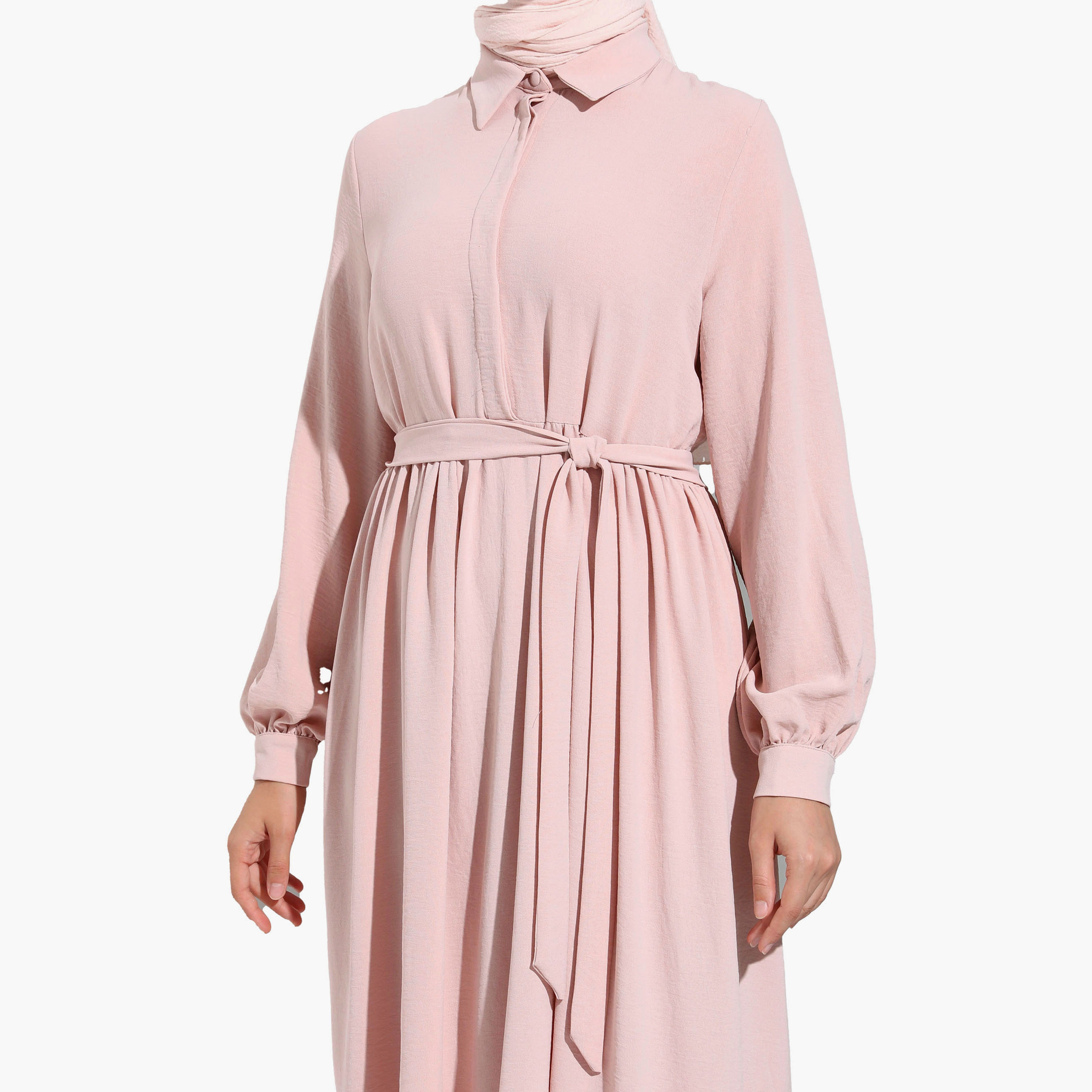 Modanisa Plain Shirt Collar Tie Belt Pleated Modest Dress-women-clothing-dresses-image-4