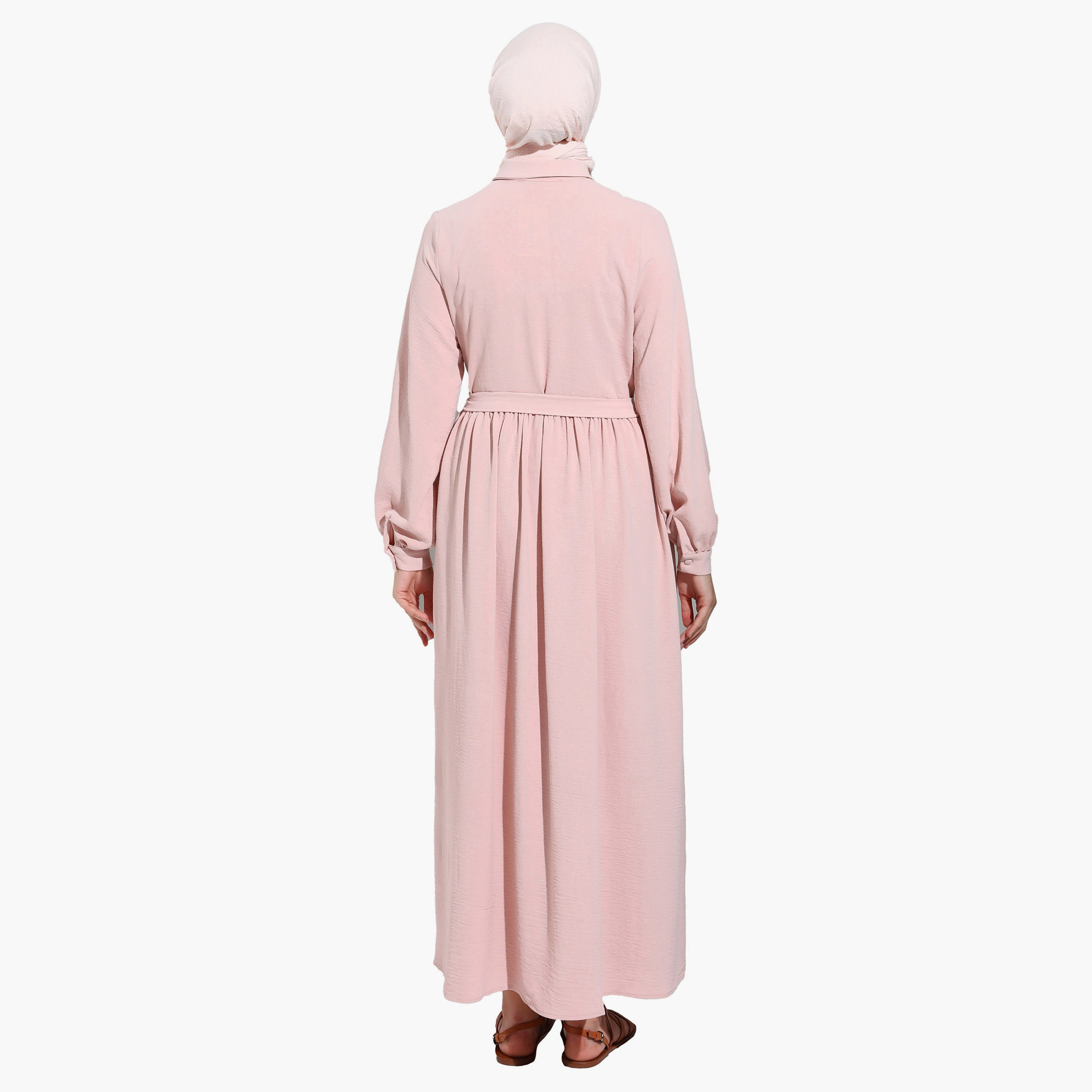 Modanisa Plain Shirt Collar Tie Belt Pleated Modest Dress-women-clothing-dresses-image-5